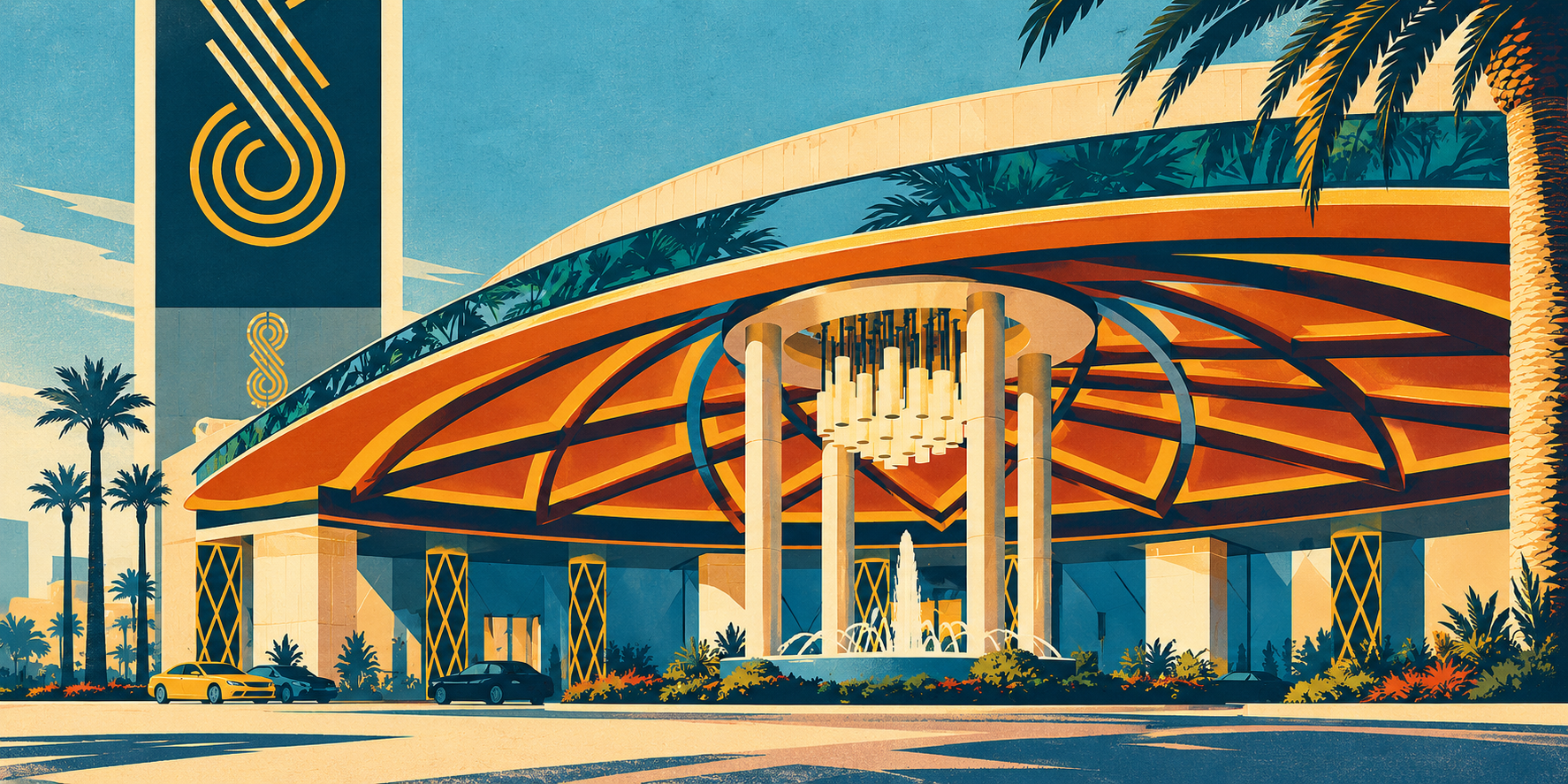 Illustration of the SAHARA Las Vegas curved entrance canopy, columns and fountain.