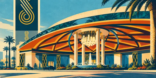 Illustration of the SAHARA Las Vegas curved entrance canopy, columns and fountain.