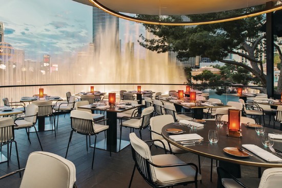 Spago patio at Bellagio overlooking the fountains.