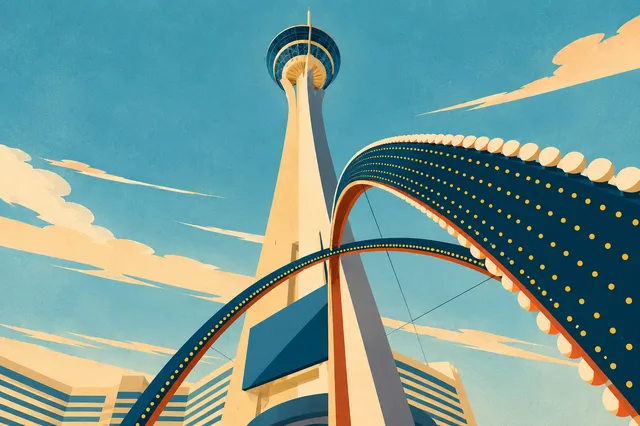 Illustration of The STRAT tower and looping entrance arches.