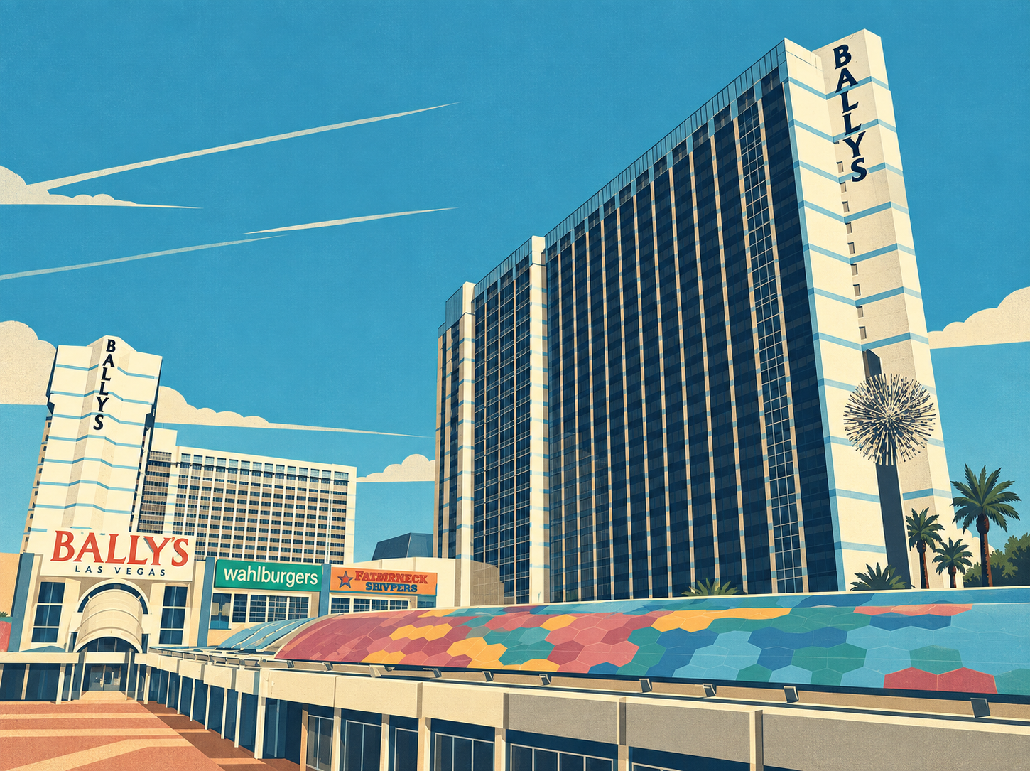 Illustration of the property now called Horseshoe, based on an April 2018 photograph of Bally’s hotel tower and the Grand Bazaar rooftops.