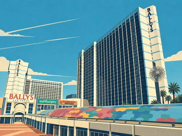 Illustration of the property now called Horseshoe, based on an April 2018 photograph of Bally’s hotel tower and the Grand Bazaar rooftops.
