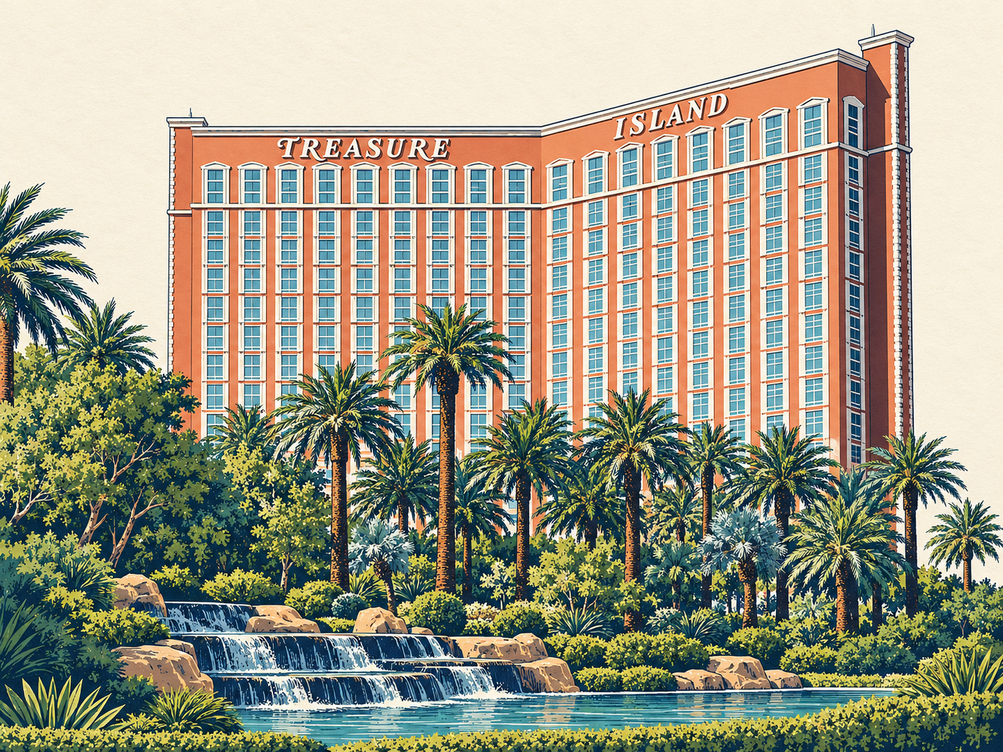 Architectural illustration of Treasure Island’s angled peach tower, white window trim and palm landscaping.