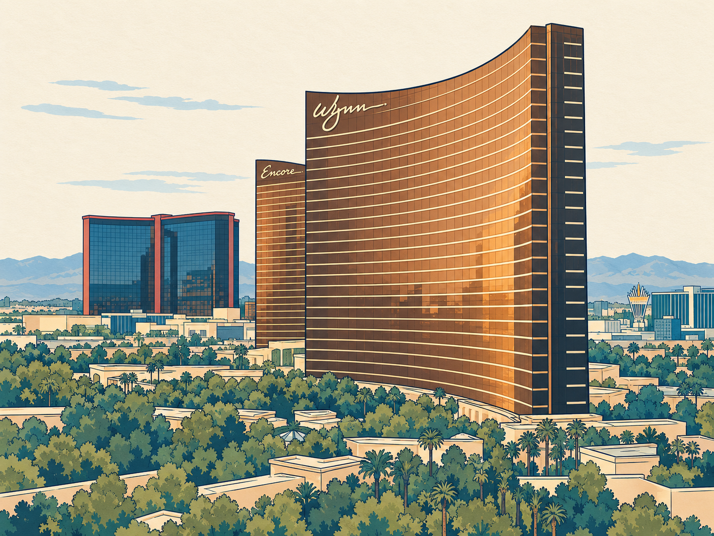 Architectural illustration of the curved bronze Wynn tower, Encore behind it and Resorts World at left.