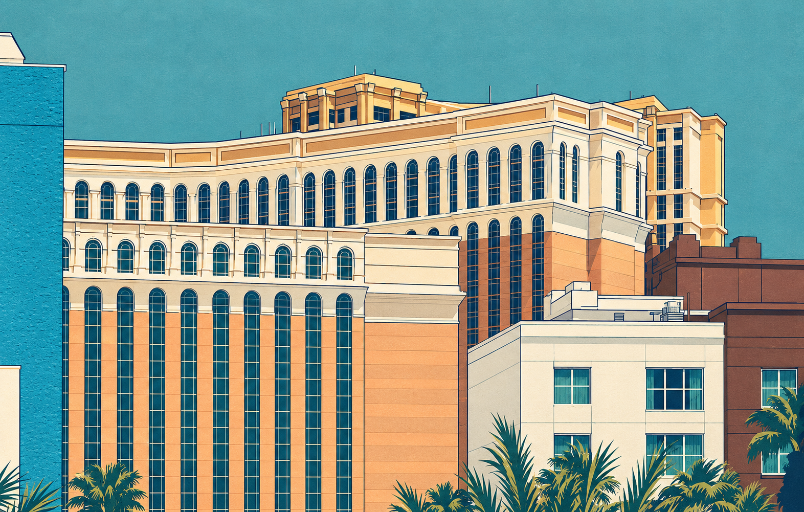 Generated architectural view of Venetian tower facade with arched windows and palm silhouettes.