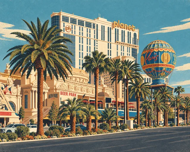 Planet Hollywood's cream tower and gold planet sign rise behind palms beside the blue Paris balloon, in a textured ochre and teal illustration.