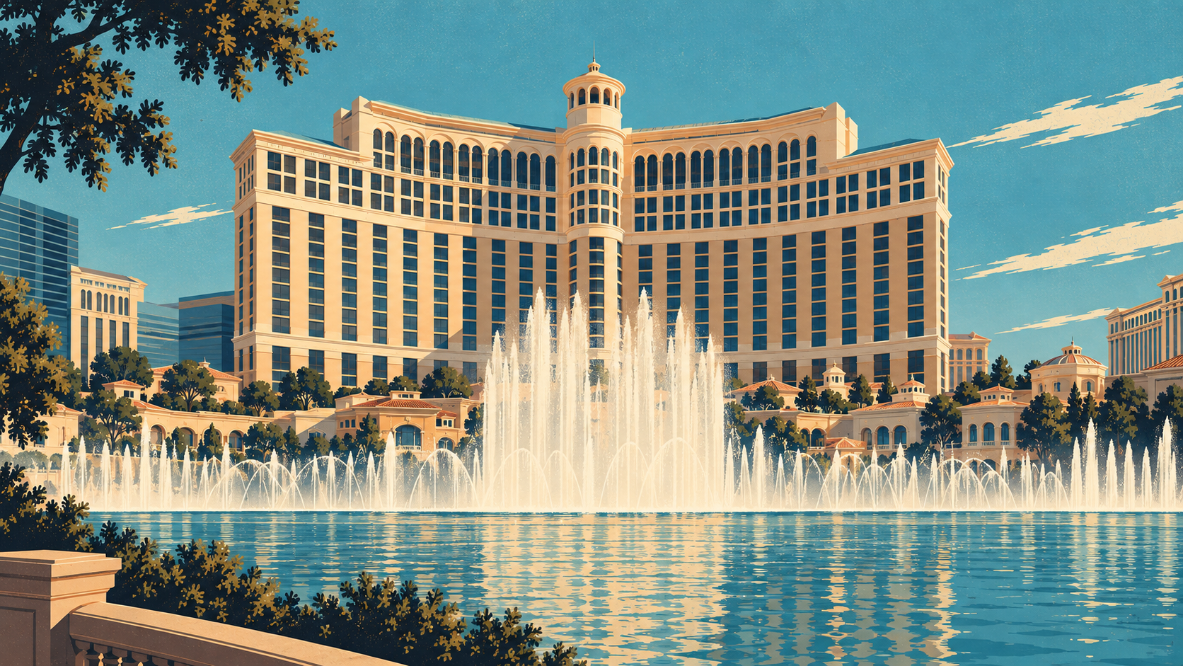 Bellagio’s cream hotel tower rises behind fountain jets and a turquoise lake, framed by trees and a foreground balustrade.