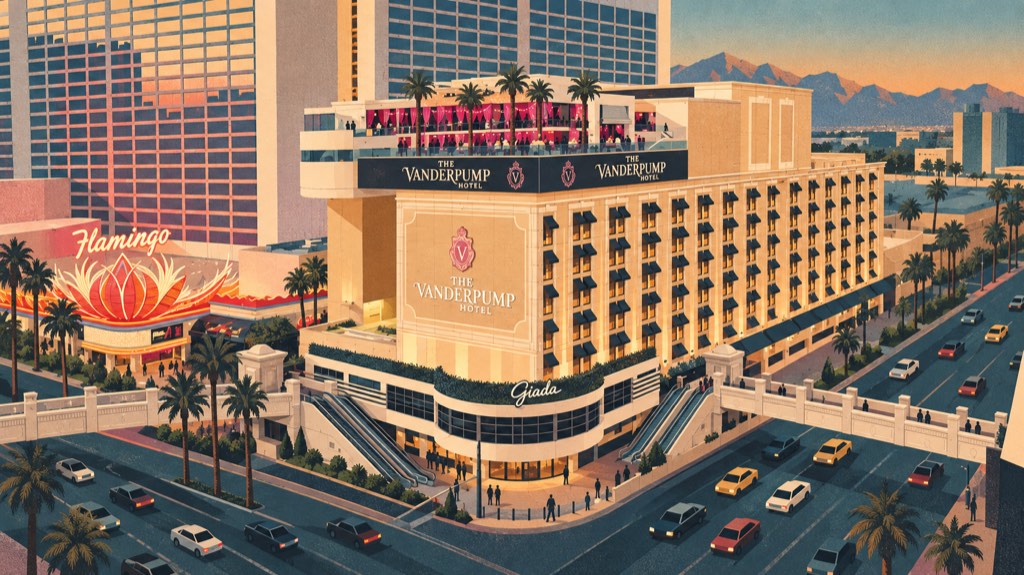 Ochre and teal illustration of The Vanderpump Hotel’s corner tower, roof signs and pedestrian bridge beside the Flamingo.