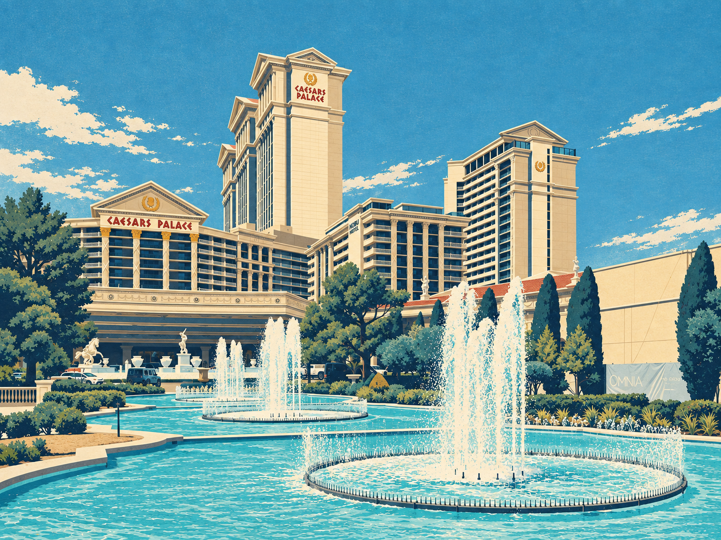 Cream Caesars Palace towers and columned frontage rise behind turquoise fountain pools, statues and landscaped gardens.