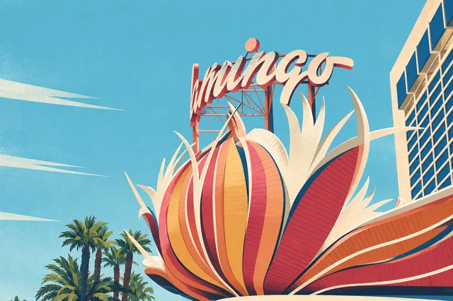 Illustration of the Flamingo sign above a coral, orange and cream feather plume, with palms at left and the hotel tower at right.