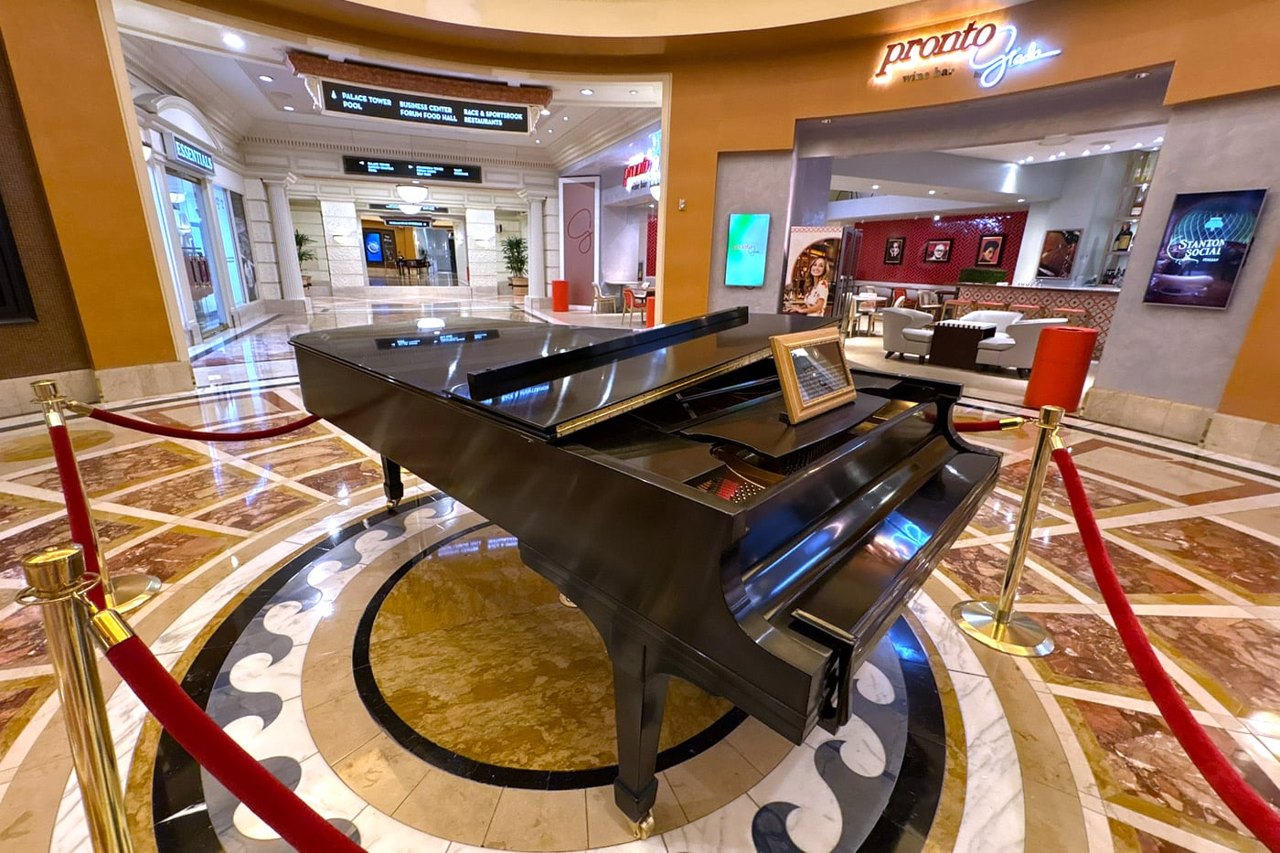 Steinway concert grand displayed at Caesars Palace as Frank Sinatra's performance piano in 2026.