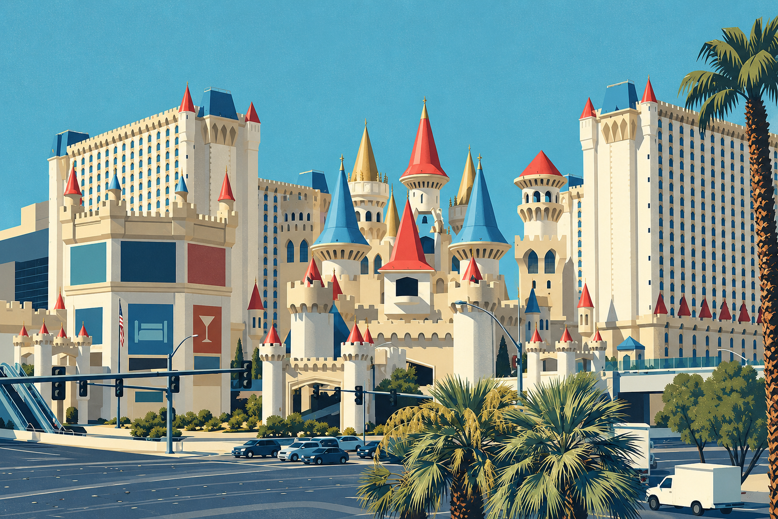 Illustration of Excalibur’s castle towers, based on an August 2022 photograph.