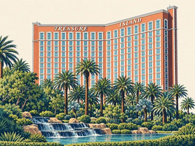 Architectural illustration of Treasure Island’s angled peach tower, white window trim and palm landscaping.