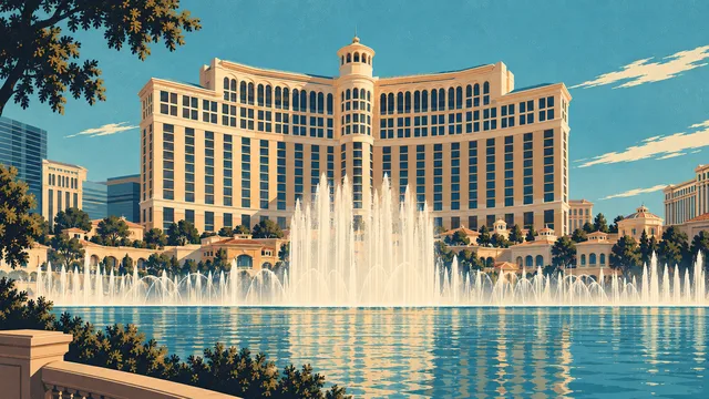 Bellagio’s cream hotel tower rises behind fountain jets and a turquoise lake, framed by trees and a foreground balustrade.