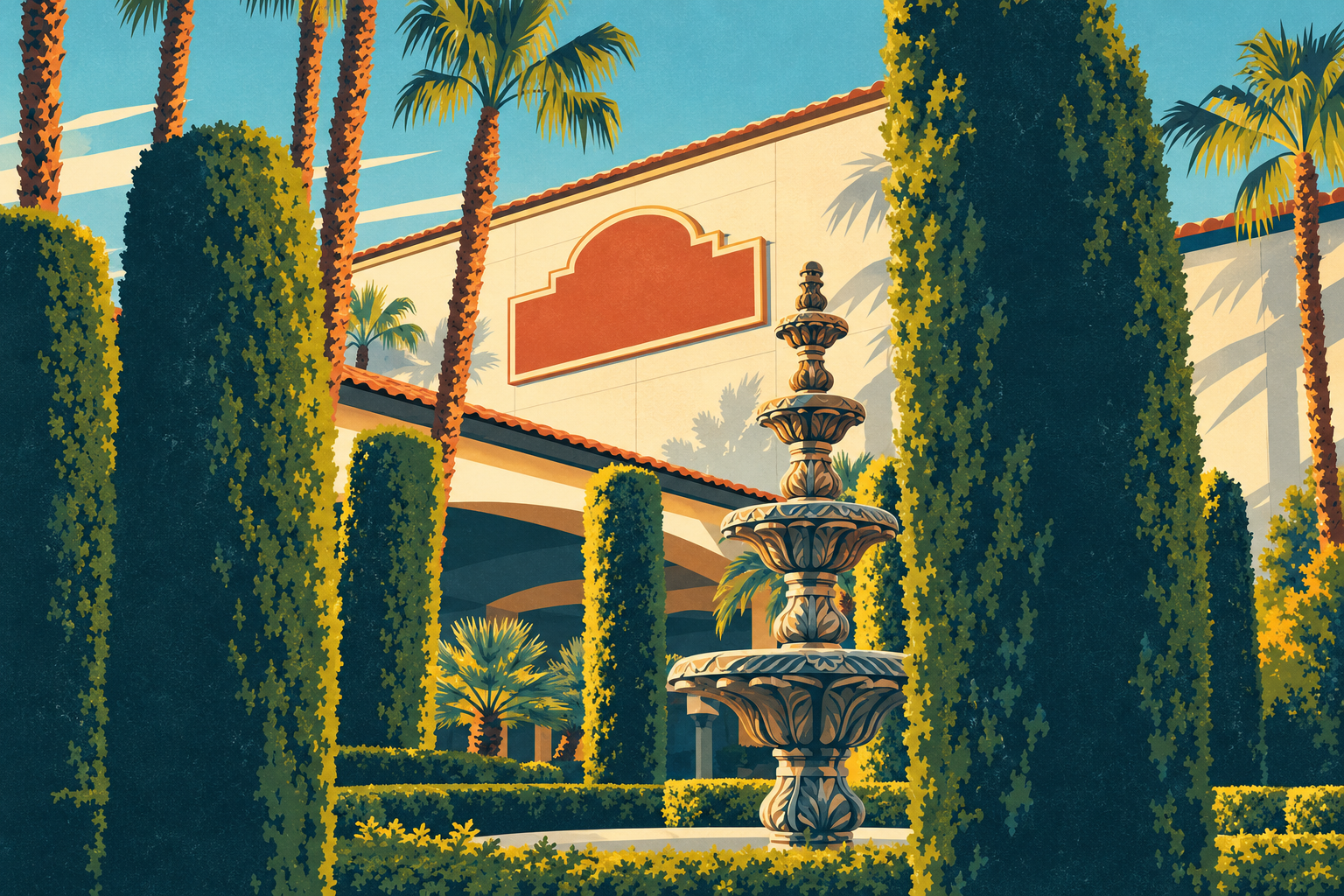Illustration of the Tuscany Suites casino facade, garden fountain and palms.