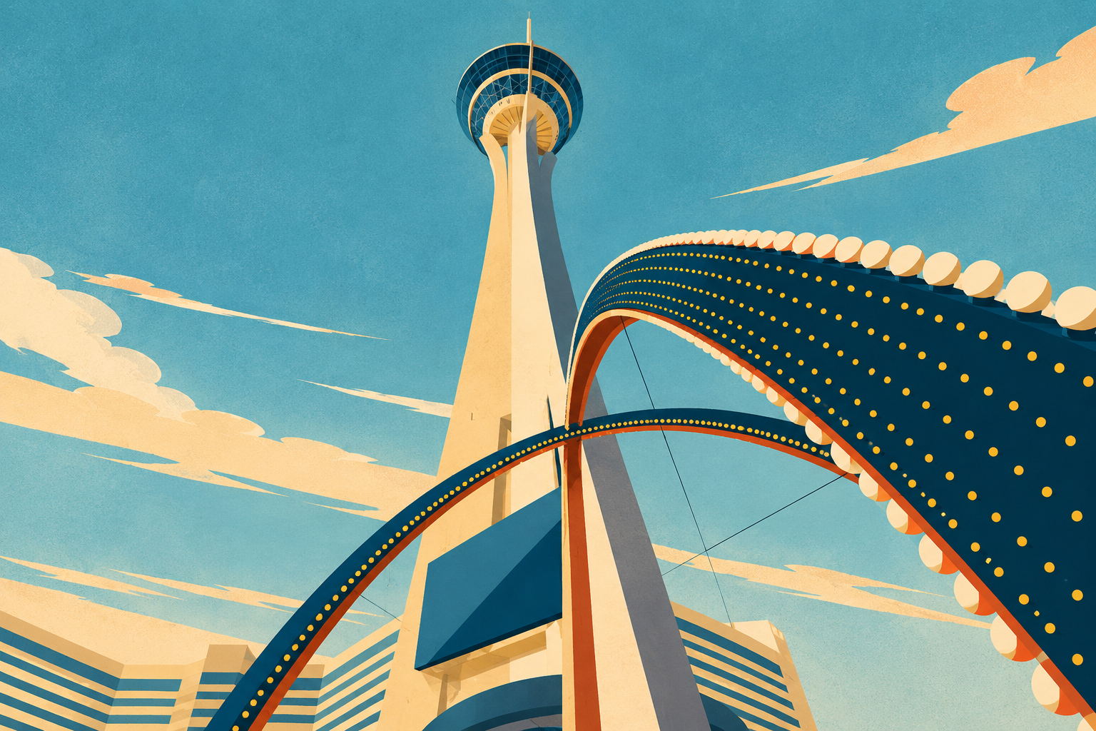 Illustration of The STRAT tower and looping entrance arches.