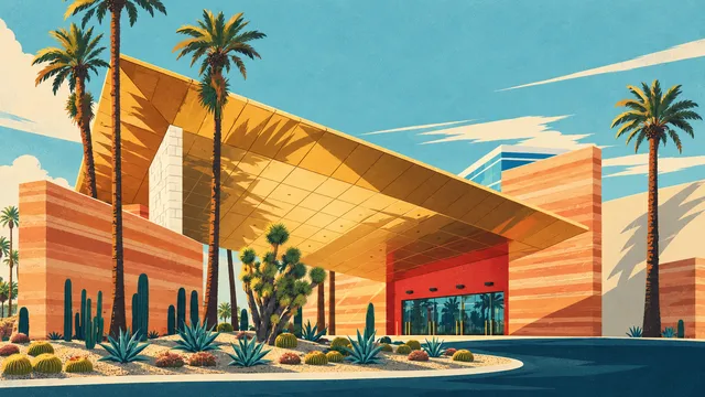 Illustration of the Virgin Hotels Las Vegas entrance canopy and desert garden.