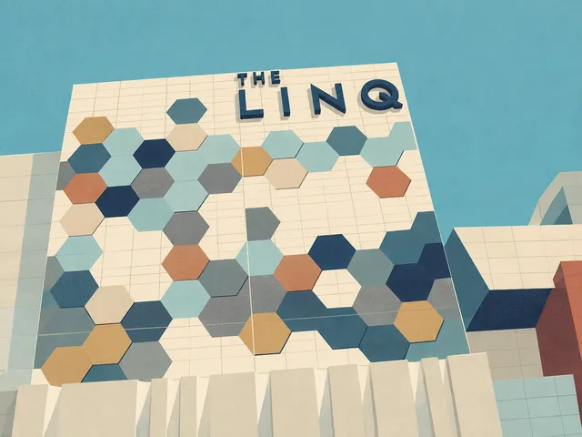 Illustration of the LINQ’s hexagonal facade and sign, based on an April 2020 photograph.