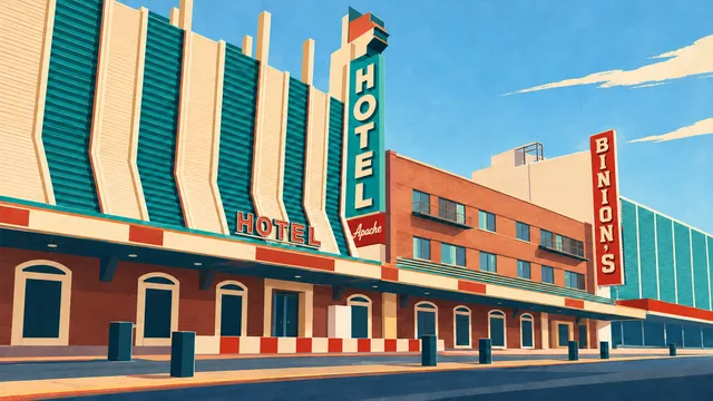 Illustration of Hotel Apache and Binion’s frontage with turquoise fins, cream facade and retained hotel and casino lettering.