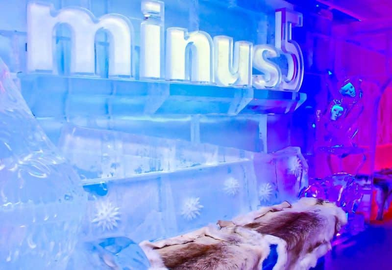 The minus5 ice bar interior, with illuminated ice walls and fur-covered seating.