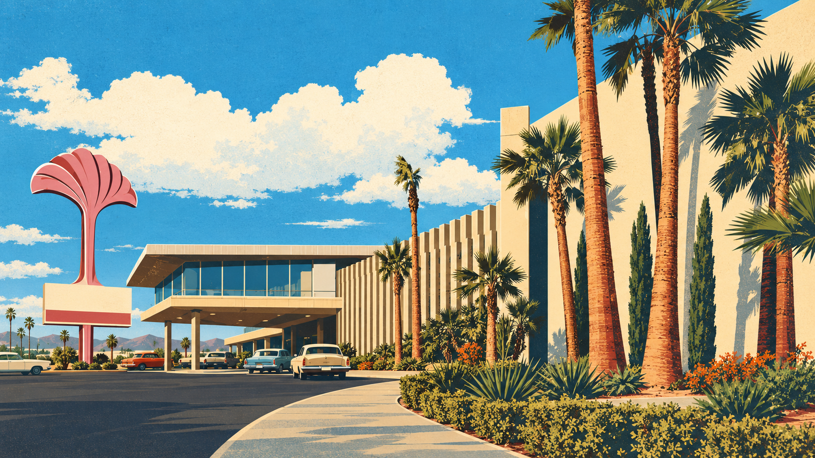 Illustration of the historic Flamingo entrance, pink roadside pylon, low hotel frontage and tall palms.