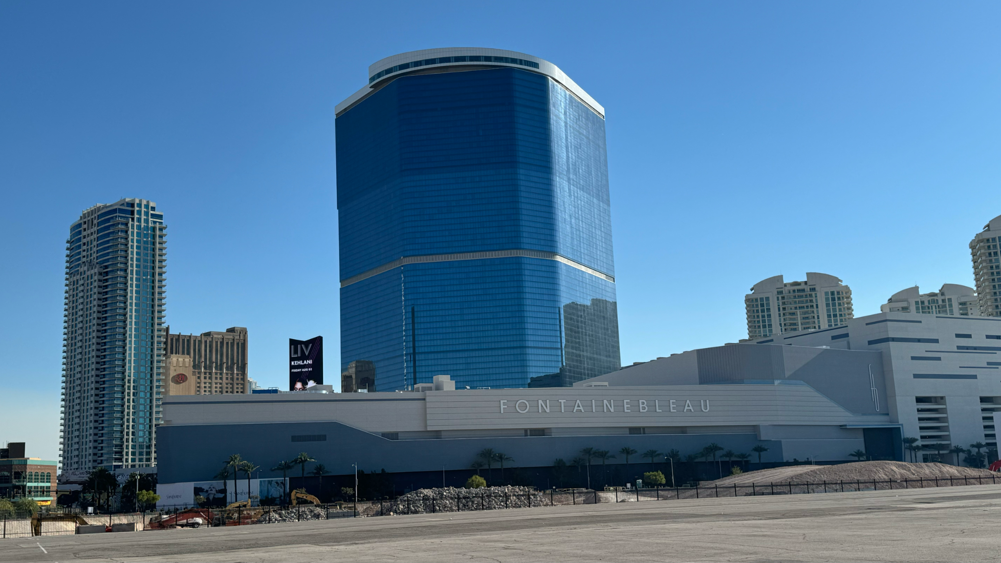 The Fontainebleau’s blue-glass tower and south-facing podium.