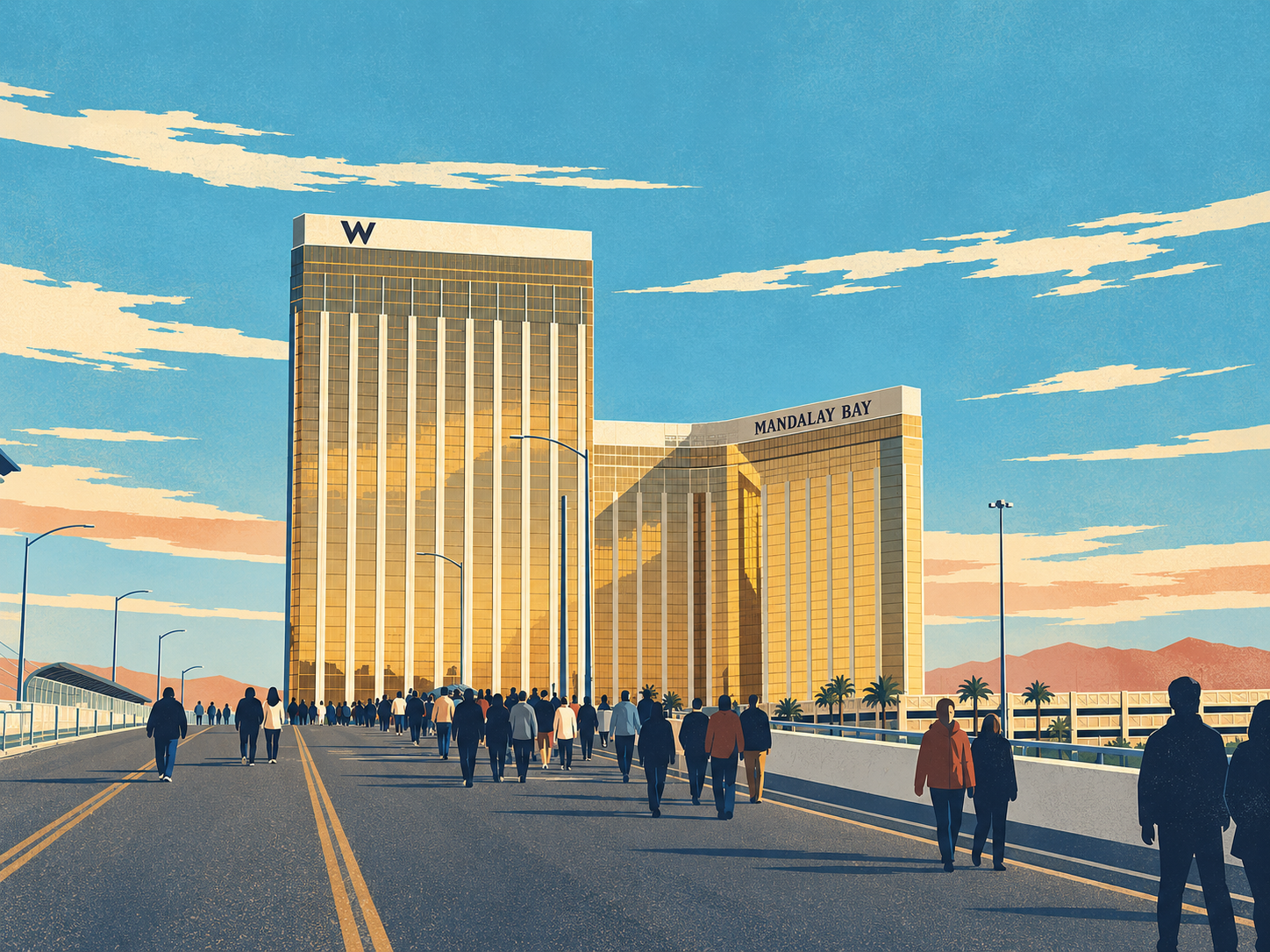 Illustration of Mandalay Bay, based on a January 2025 photograph.