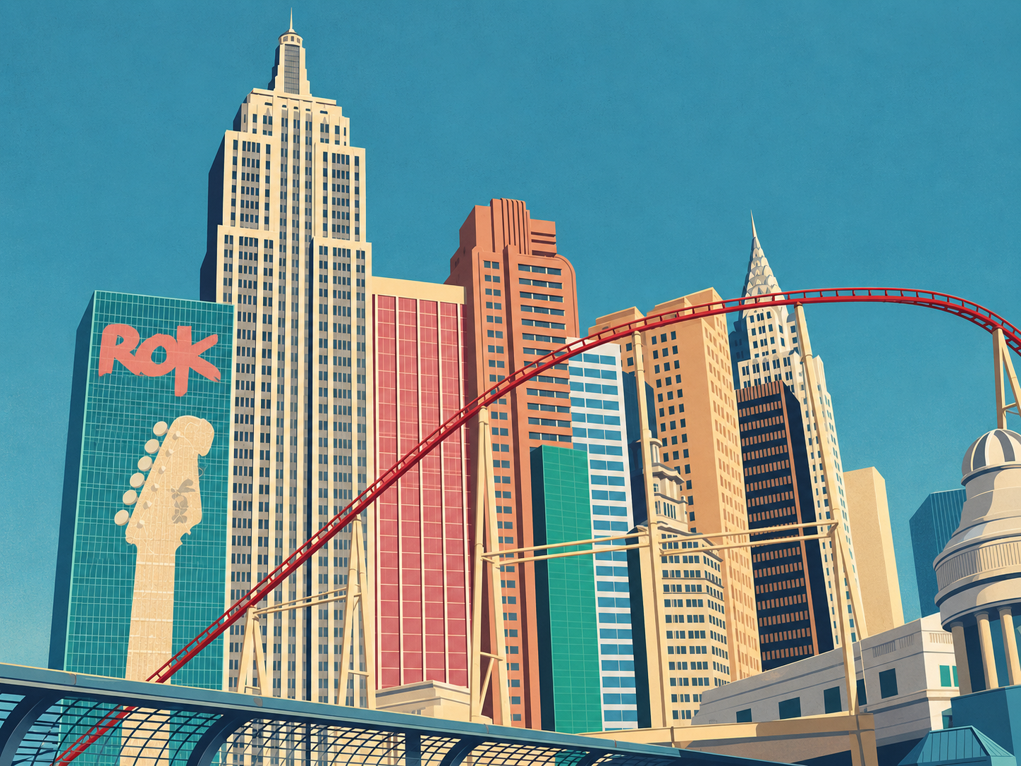 Illustration of New York-New York’s themed skyline and roller coaster, based on a 2009 photograph.