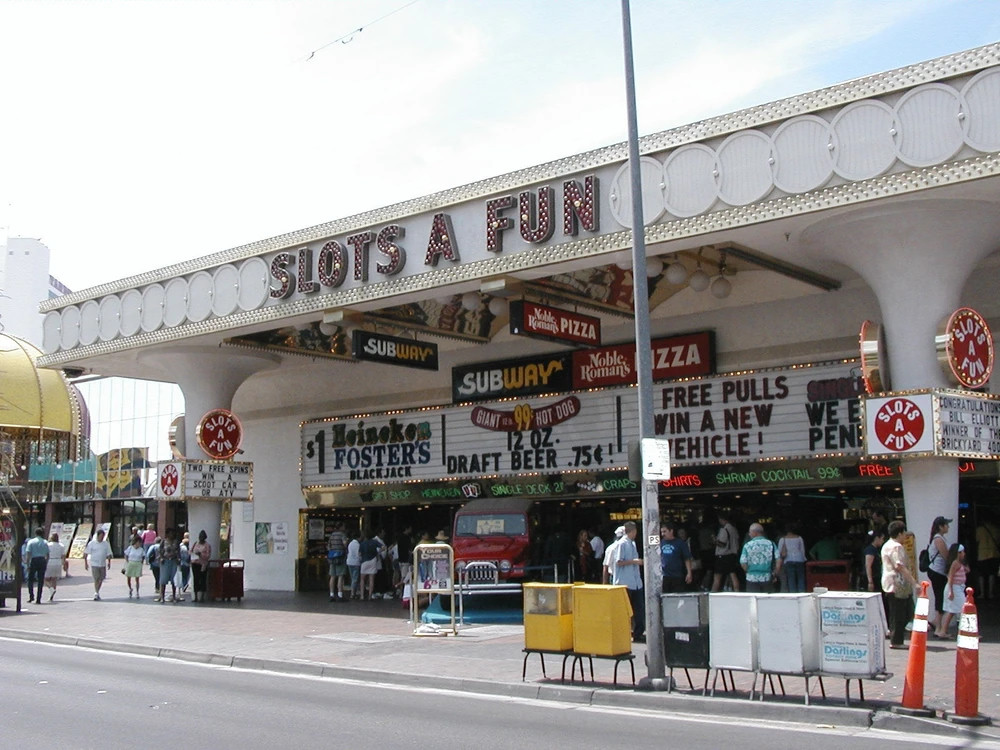An undated view of the Slots-A-Fun entrance and canopy; pictured promotions may be historical.
