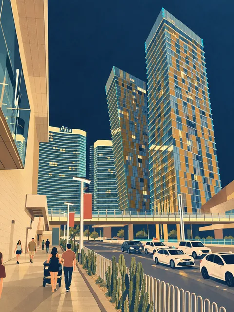 Illustration of CityCenter, with the tilted Veer Towers in front and ARIA behind, based on a May 2026 photograph.