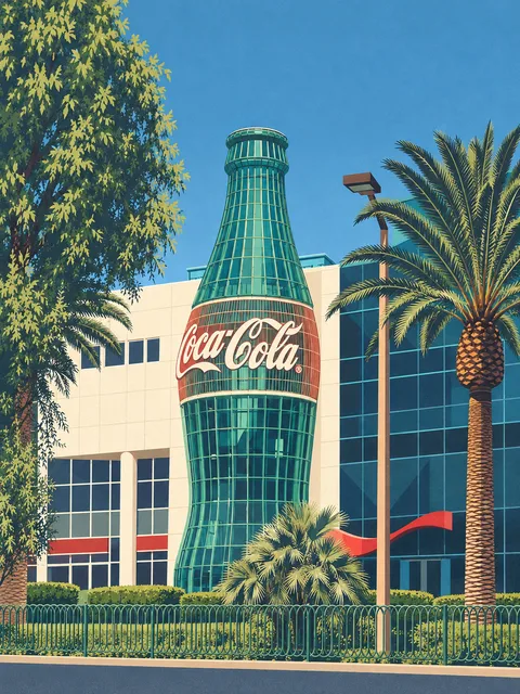Illustration of the Coca-Cola bottle facade, based on a 2017 photograph.