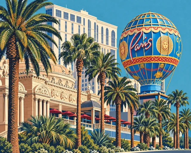 Illustration of Paris Las Vegas, based on a 2026 photograph.