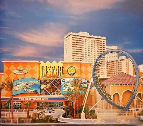 The historical NASCAR attraction frontage and looping roller-coaster track at the Sahara.
