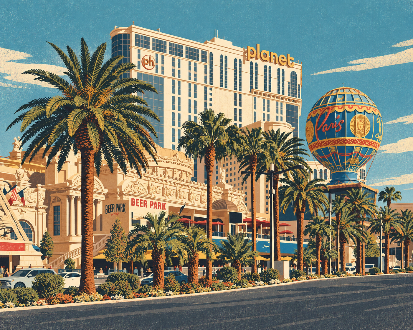 Planet Hollywood's cream tower and gold planet sign rise behind palms beside the blue Paris balloon, in a textured ochre and teal illustration.