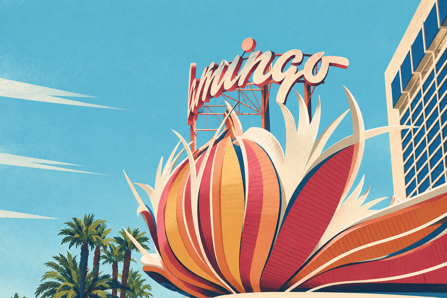 Illustration of the Flamingo sign above a coral, orange and cream feather plume, with palms at left and the hotel tower at right.