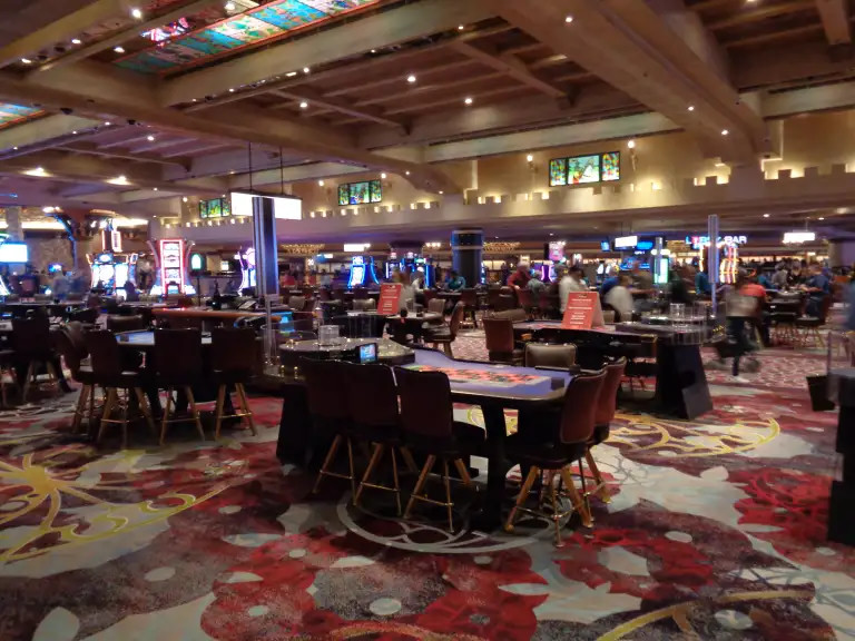 Coloured glass panels above the casino floor at Excalibur.