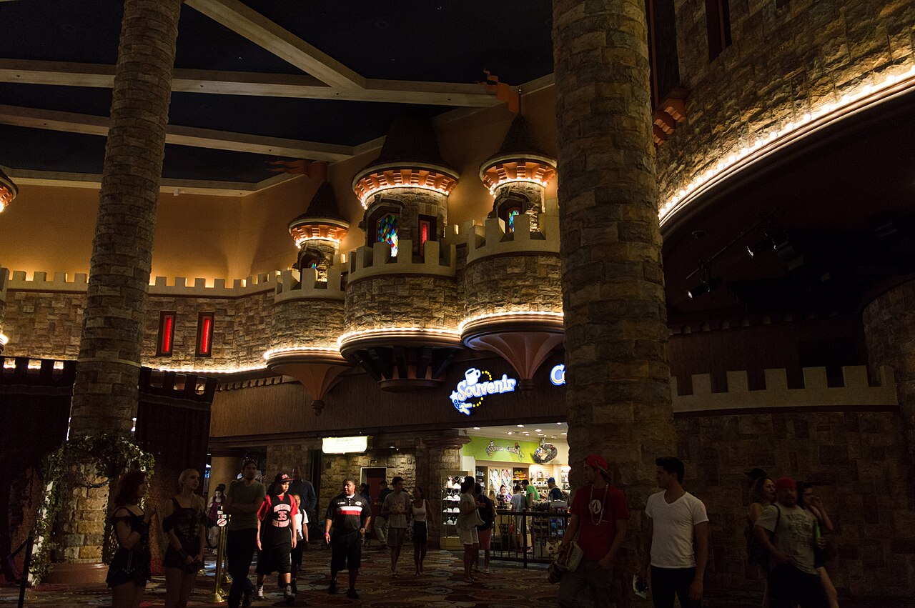 Excalibur’s medieval-themed public interior in July 2015; setting context for James’s recollection, not a photograph of staff paging guests.
