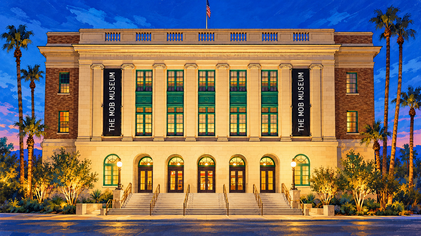 Illustration of the Mob Museum facade, illuminated columns, green windows and palms at blue hour.