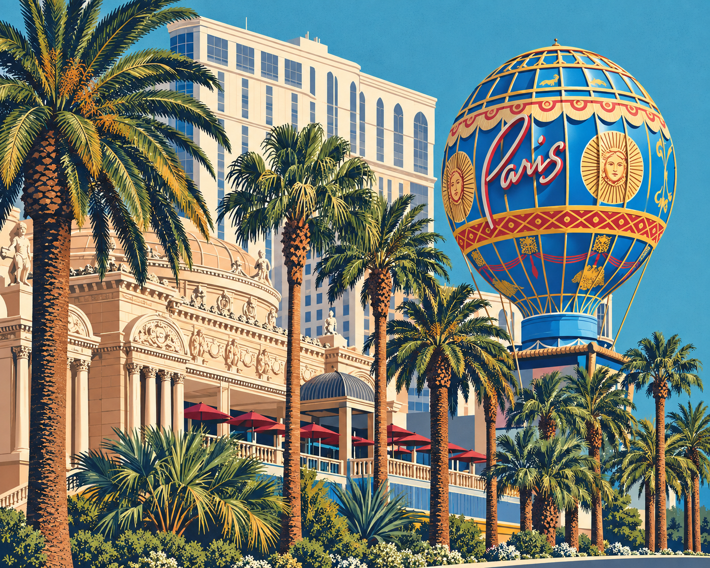 Illustration of Paris Las Vegas, based on a 2026 photograph.