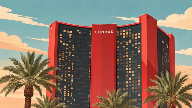 Architectural illustration of Resorts World’s red Conrad tower and palms; foreground Circus Circus sign omitted.