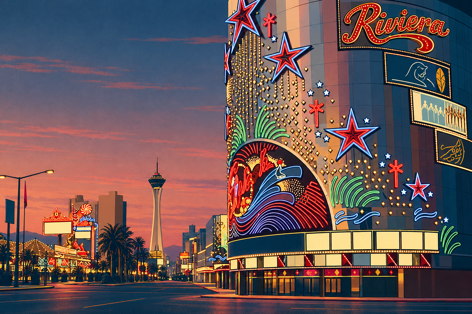 Historical illustrated Riviera neon frontage at dusk; the resort has been demolished.