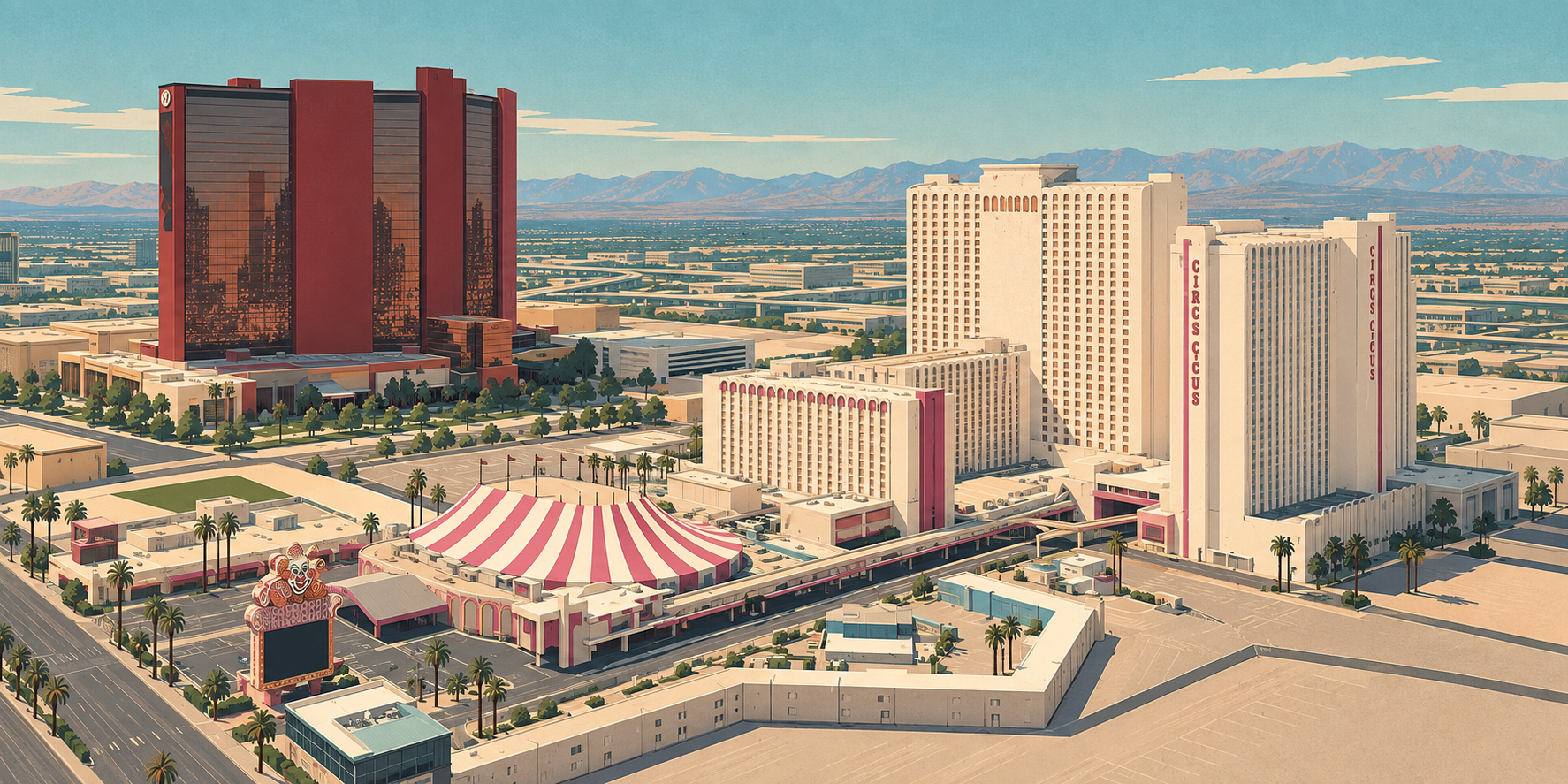 Architectural illustration of Circus Circus white towers, pink striped big top and Lucky sign, with Resorts World at left.