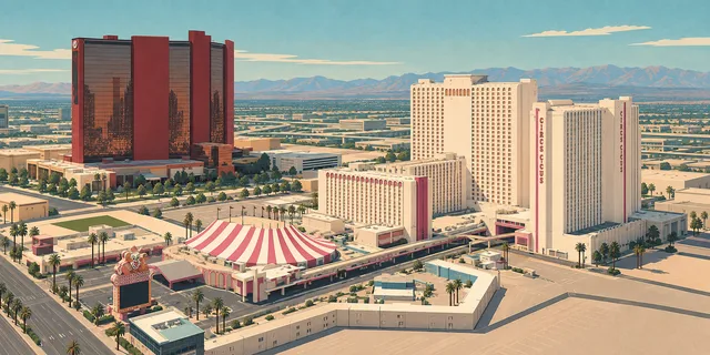 Architectural illustration of Circus Circus white towers, pink striped big top and Lucky sign, with Resorts World at left.