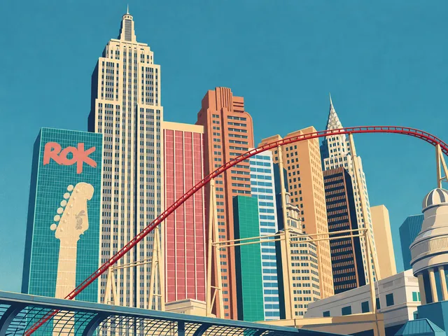 Illustration of New York-New York’s themed skyline and roller coaster, based on a 2009 photograph.