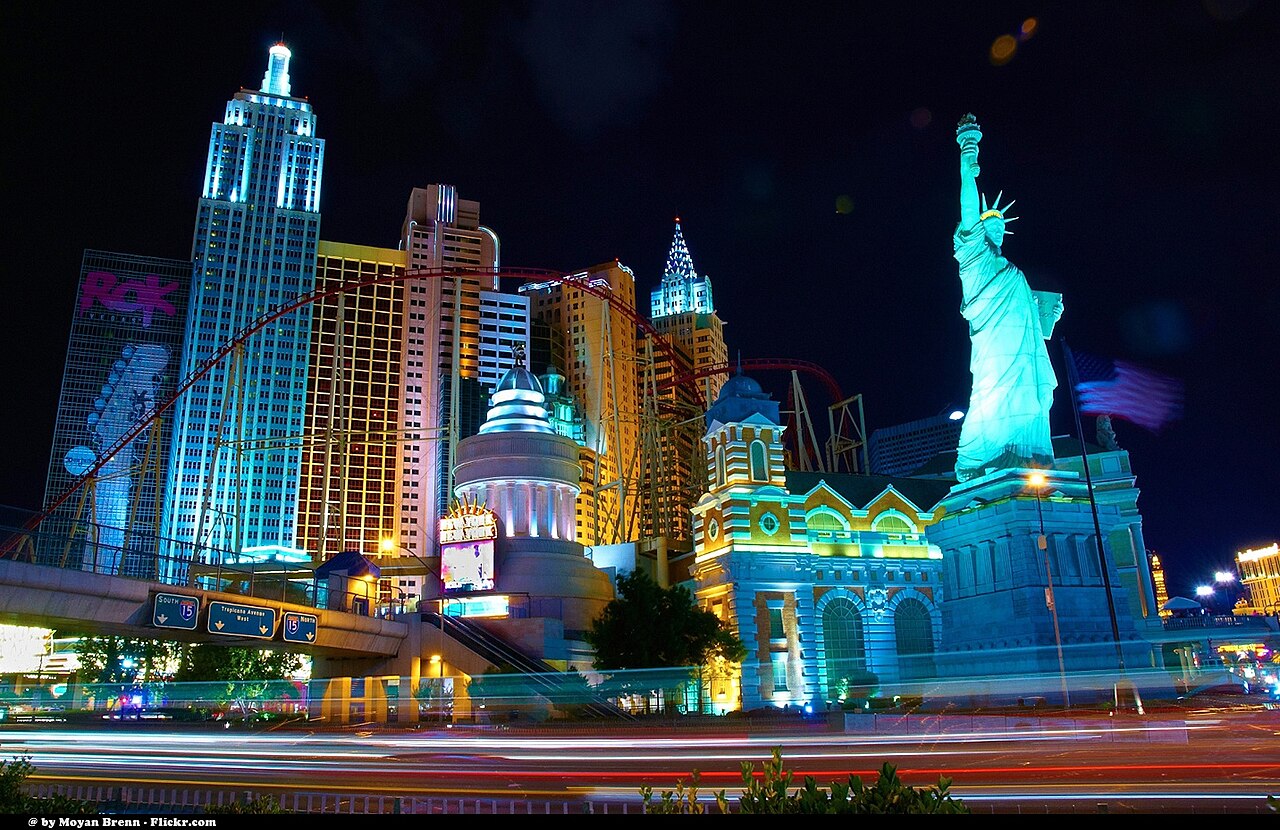 Las Vegas Statue of Liberty replica and New York–New York skyline, May 2011; historical night view.