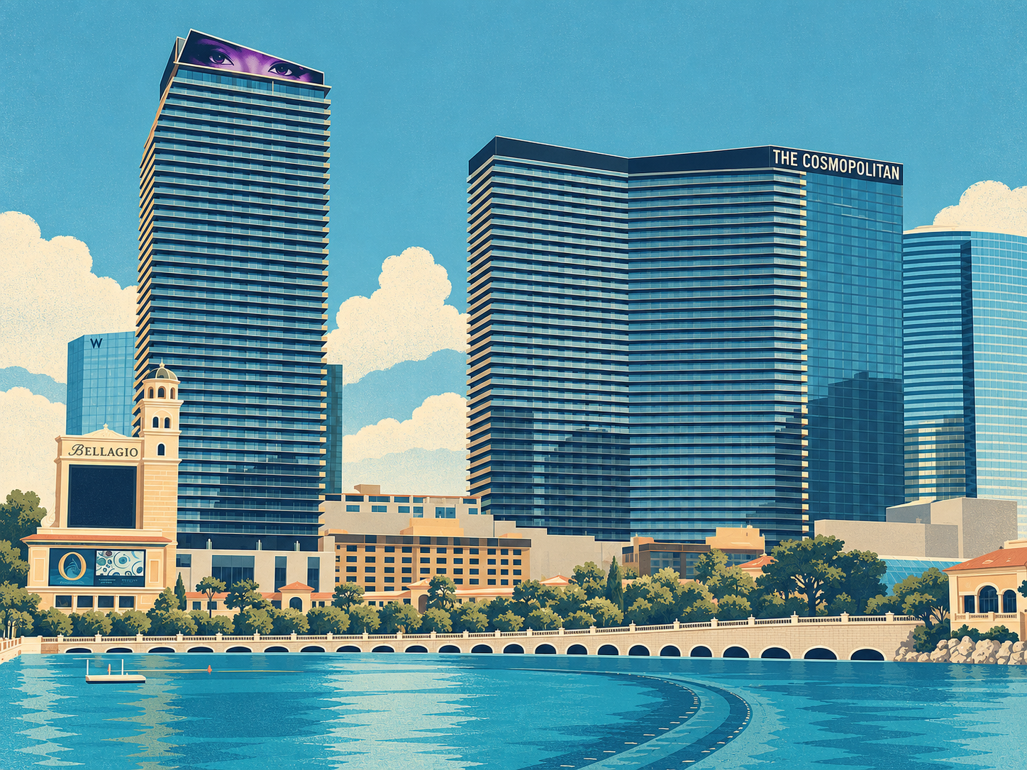 Illustration of the Cosmopolitan of Las Vegas, based on a May 2023 photograph.