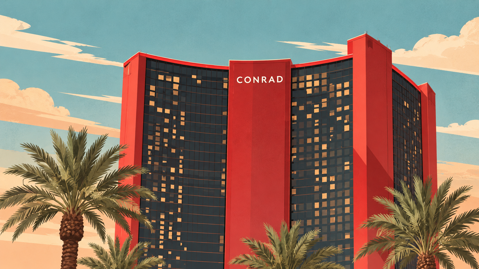 Architectural illustration of Resorts World’s red Conrad tower and palms; foreground Circus Circus sign omitted.