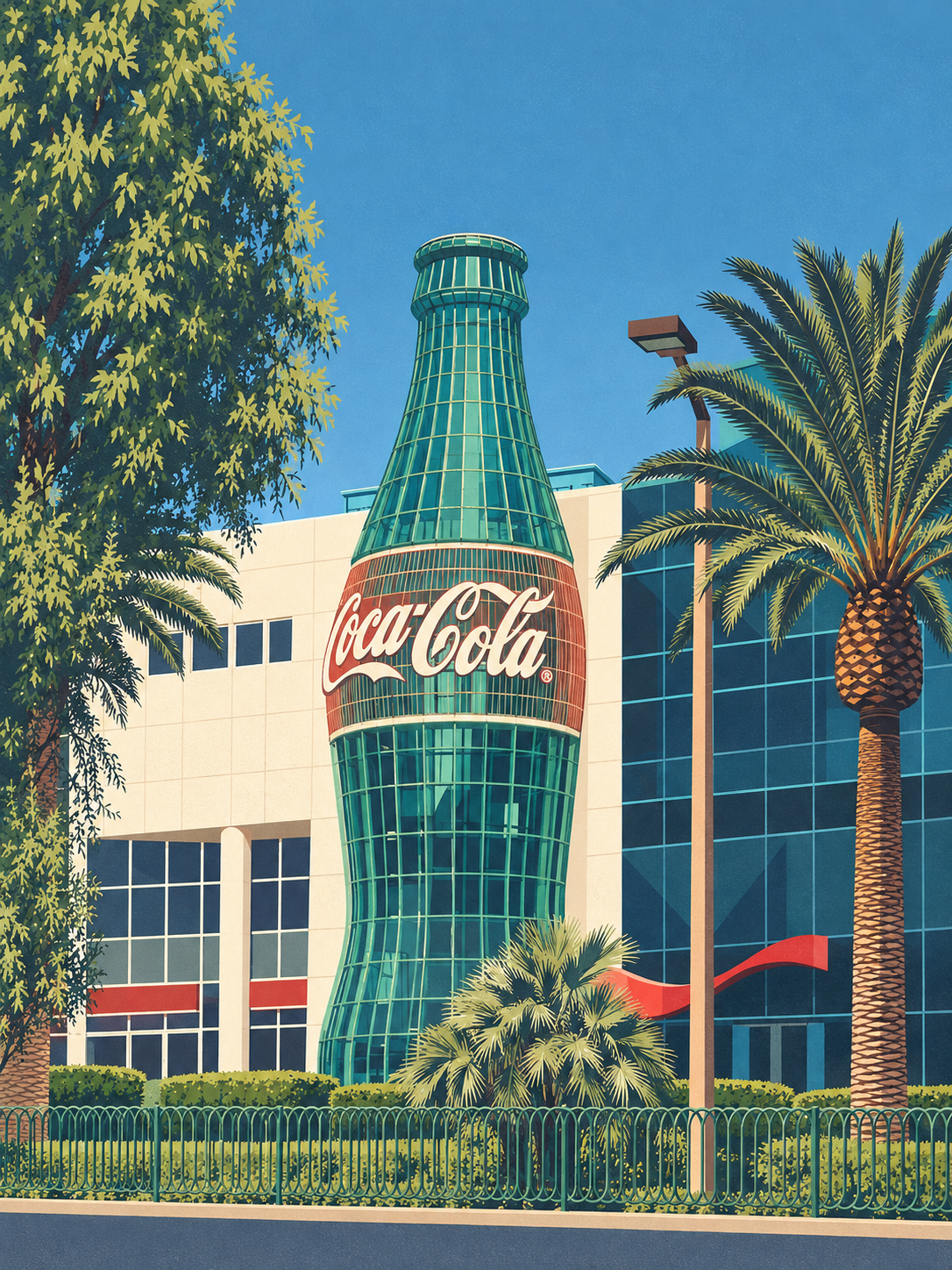 Illustration of the Coca-Cola bottle facade, based on a 2017 photograph.