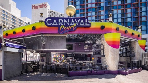 The colourful Carnaval Court canopy and outdoor bar area at Harrah’s Las Vegas.