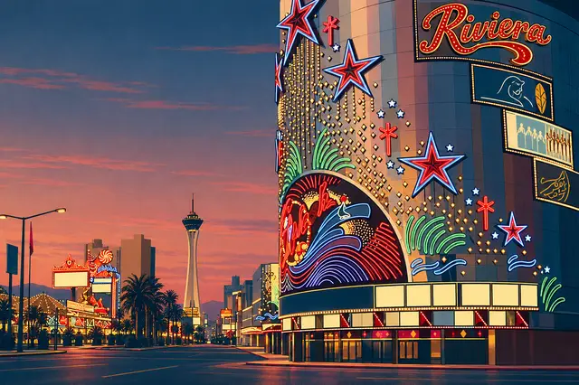 Historical illustrated Riviera neon frontage at dusk; the resort has been demolished.